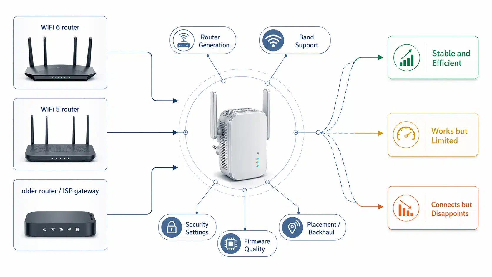 WiFi 6 repeater compatibility logic map showing router type, band support, security settings, firmware condition, and placement quality as the main factors affecting real-world results