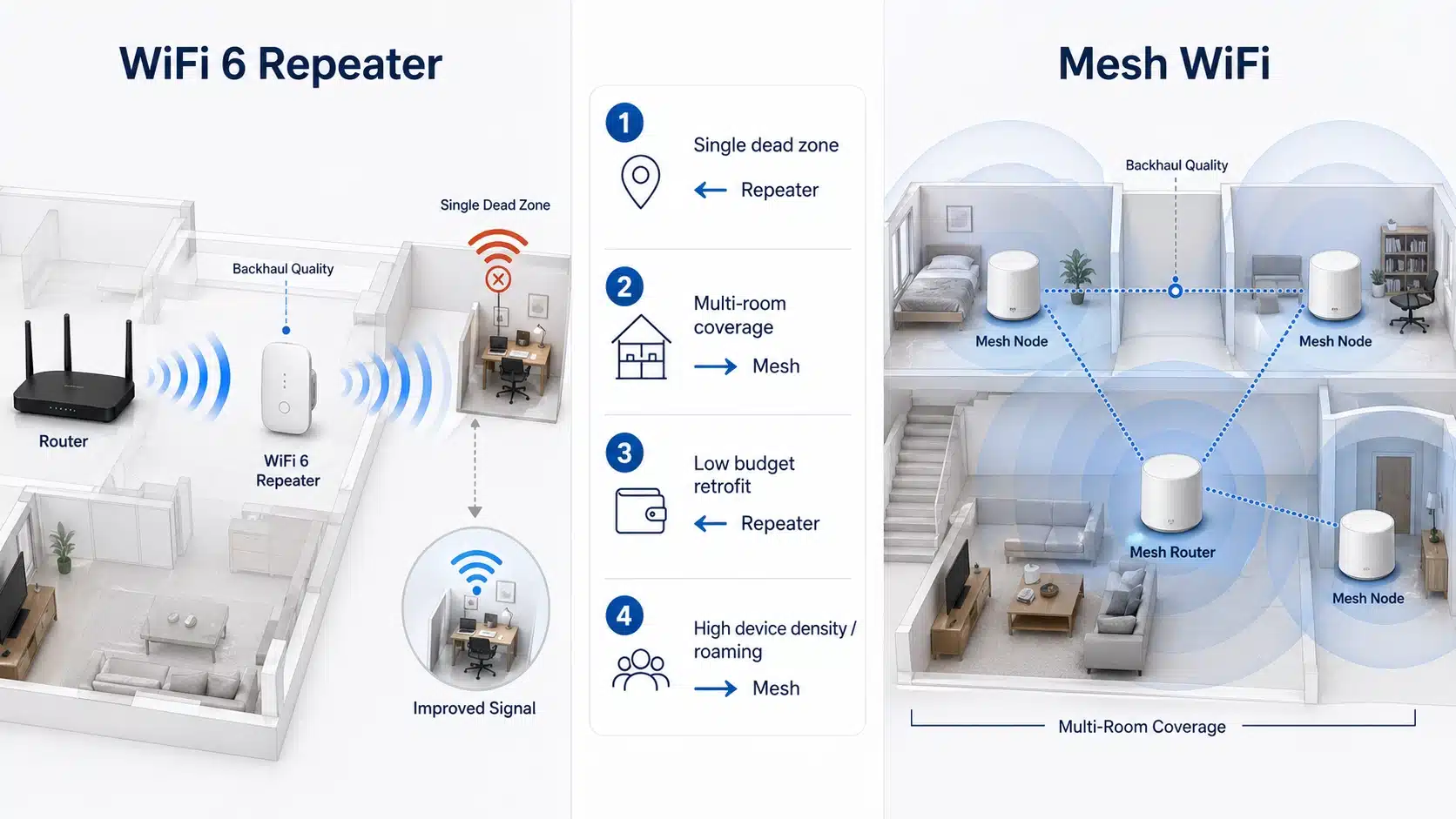 Decision map comparing WiFi 6 repeater and mesh WiFi for single dead zones, multi-room coverage, device density, and budget projects.