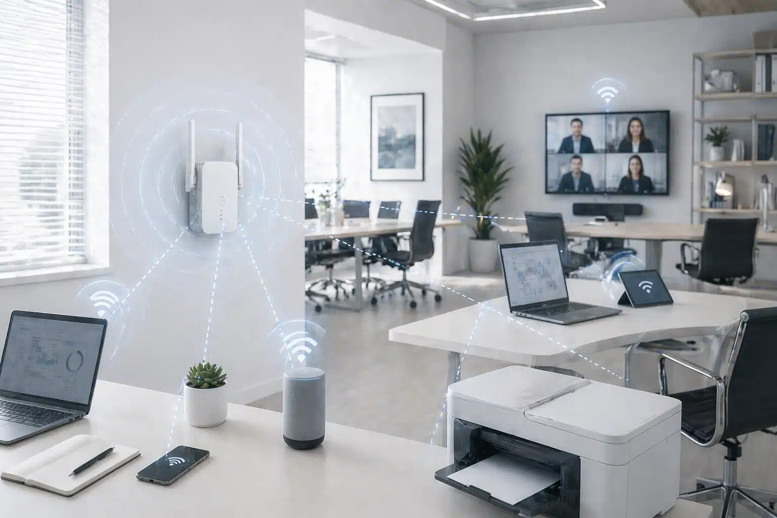 Office scene showing a dual band WiFi repeater supporting multiple connected devices