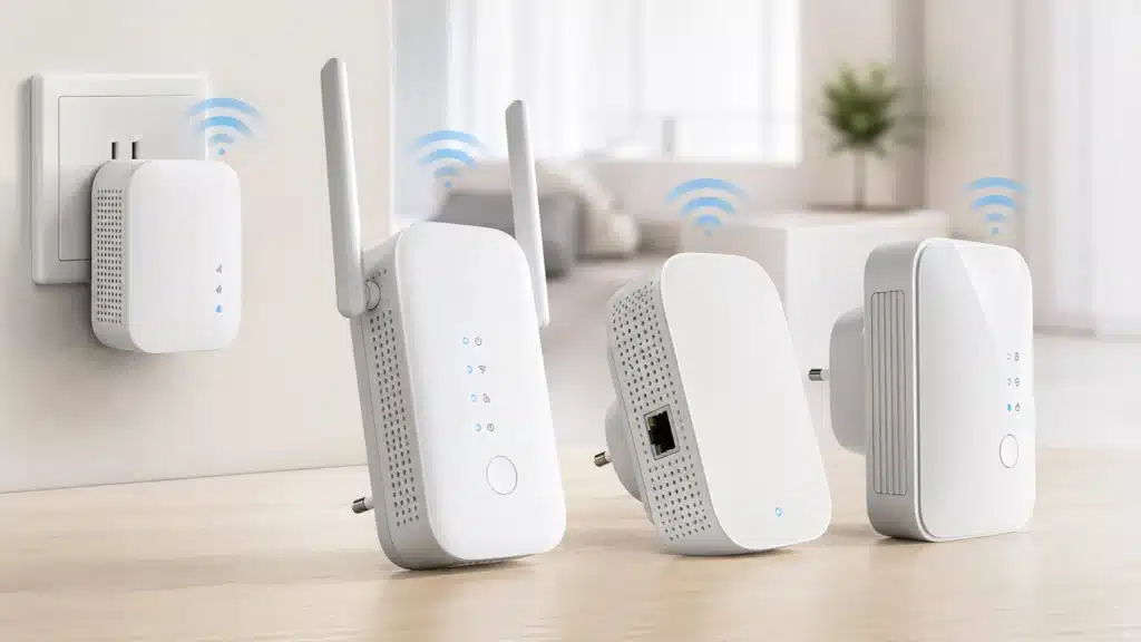 Plug WiFi repeaters with compact wall outlet design and selected Ethernet port models