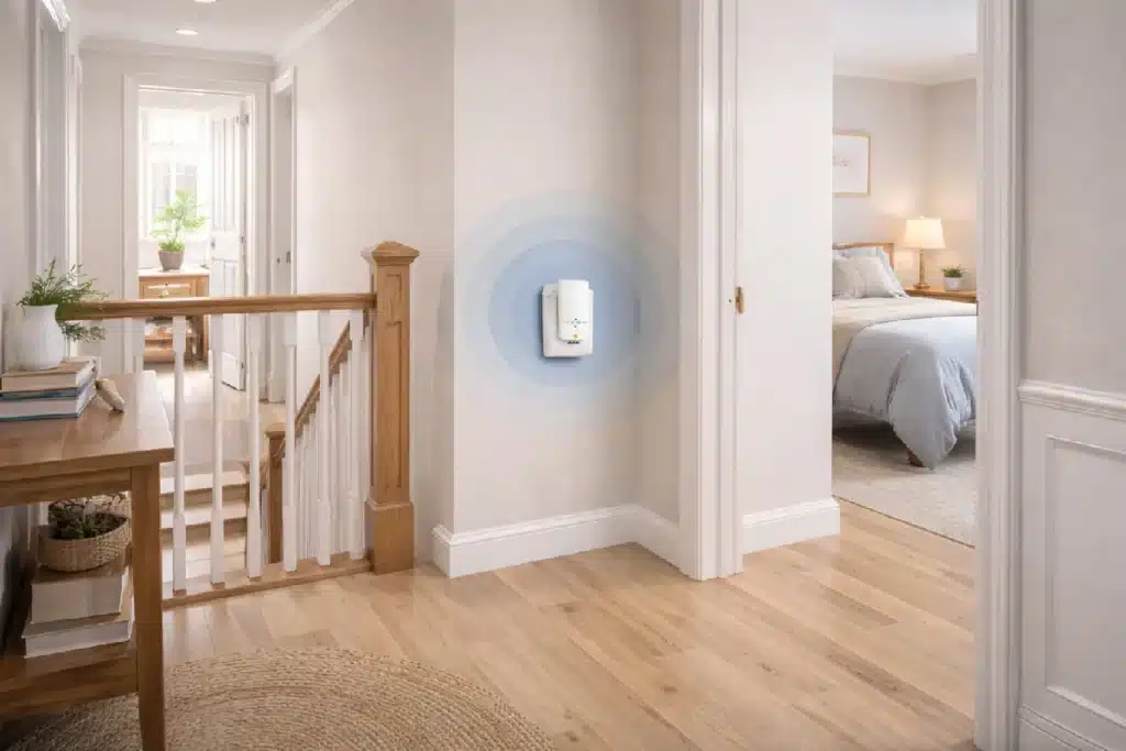 WiFi repeater extending coverage between the main router and a weak-signal room