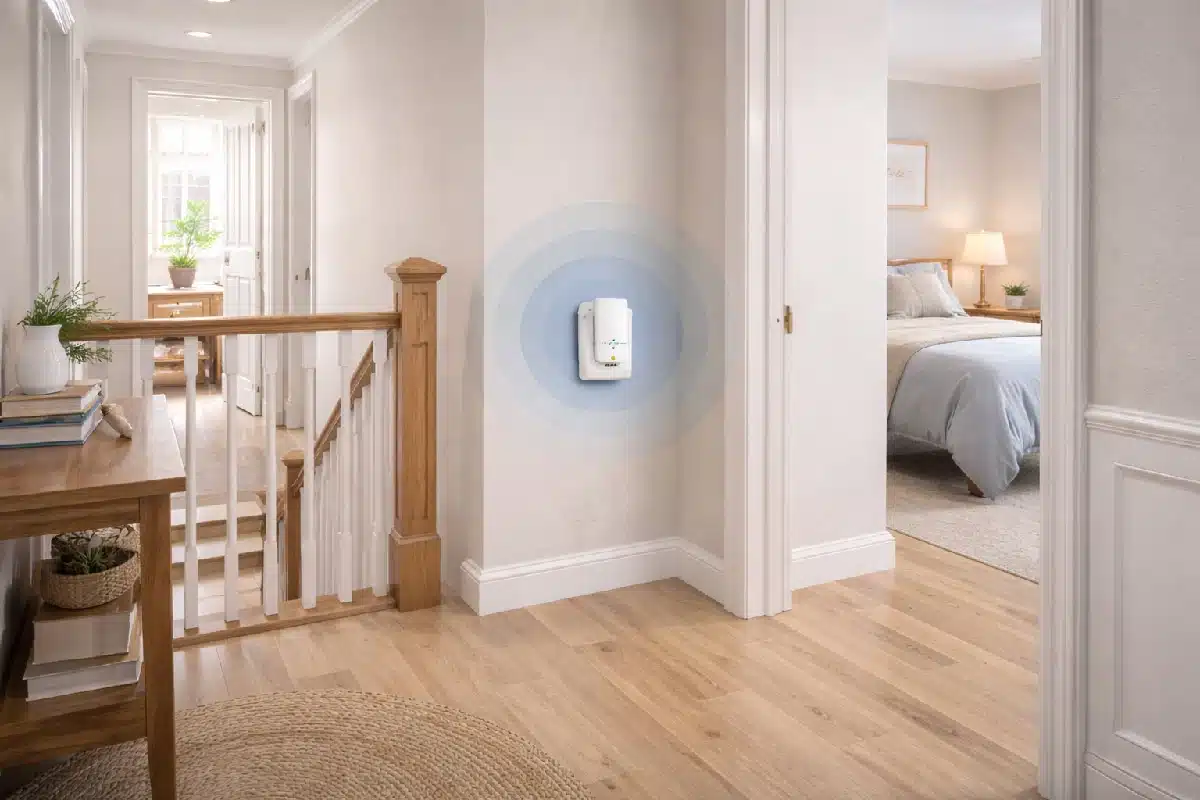 WiFi repeater extending coverage between the main router and a weak-signal room